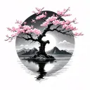 cherry blossom tree with a moon, lake or mountain background  tattoo design idea