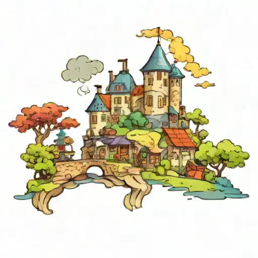 A whimsical tattoo inspired by Howl's Moving Castle, featuring a colorful scene from the movie with a touch of Monet's impressionist style, reflecting the client's love for animation and painting tattoo design idea