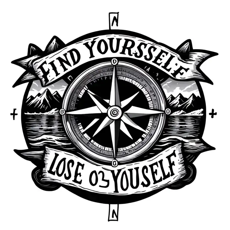 Compass with mountains and sea on either side.  Words that say Find yourself and lose yourself.  Peace sign in the middl tattoo design idea