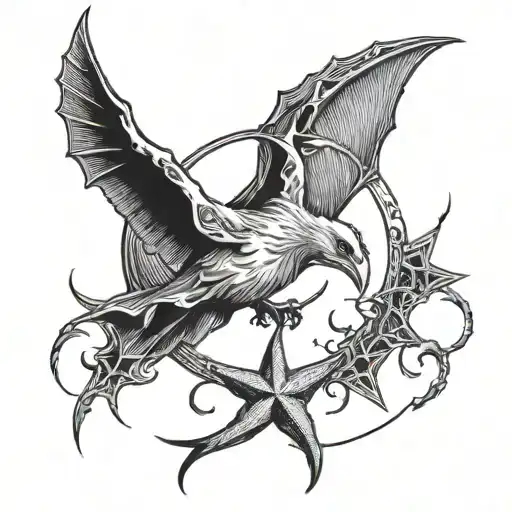 a crescent moon with a star, vampire bats flying around it tattoo design idea