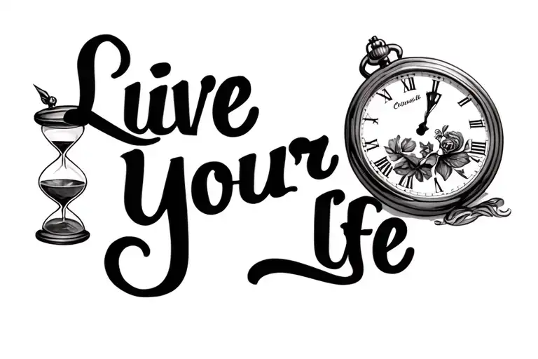 "Live Your Life" "Live Your Life" hourglass and pocket watch background creatures tattoo design idea