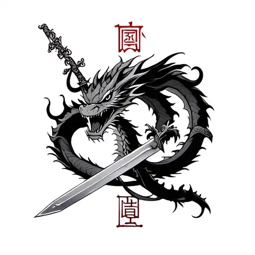 Dragon Around Sword with the word "tranquility" in Japanese letters tattoo design idea