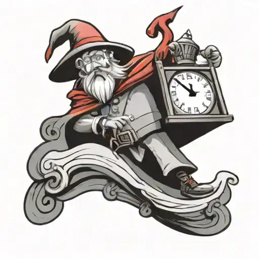 a tiny red cartoon wizard entering a piece of paper into the top of a square analog clock tattoo design idea