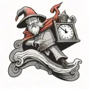 a tiny red cartoon wizard entering a piece of paper into the top of a square analog clock tattoo design idea
