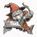 a tiny red cartoon wizard entering a piece of paper into the top of a square analog clock tattoo design idea