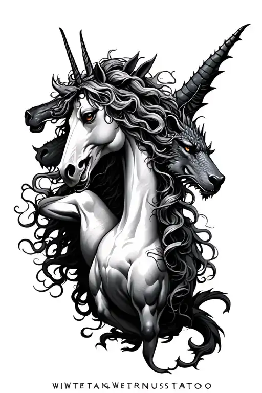 medusa surrounded by unicorn and dragon and werewolf tattoo design idea