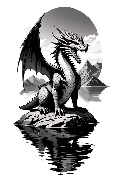 realistic Aggressive dragon with wings sitting on a rock. Mountains and lake as a background tattoo design idea