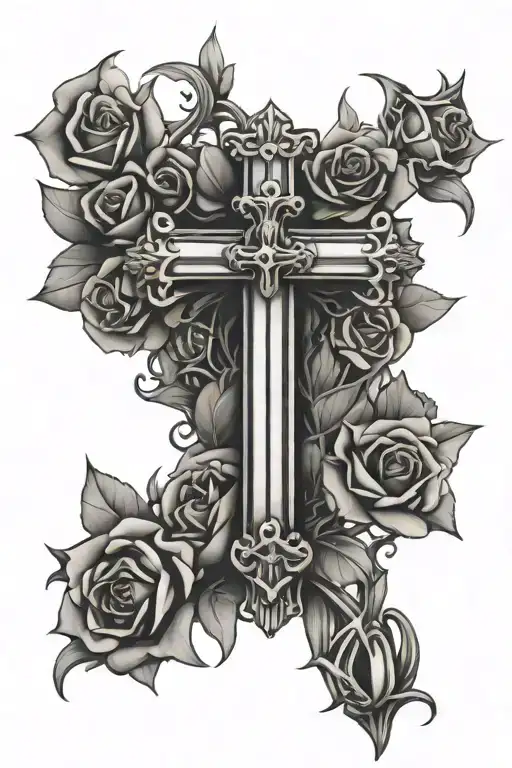 Chrome hearts cross with slight roses and crown of thorns on the top tattoo design idea