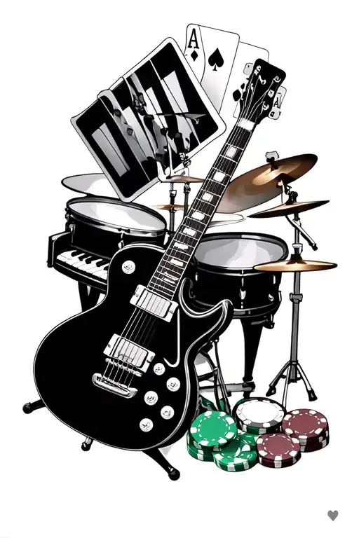 "Hyper-realistic black and white sleeve: guitar, piano keys, drum set, aces, and poker chips with deep shading sharpness tattoo design idea