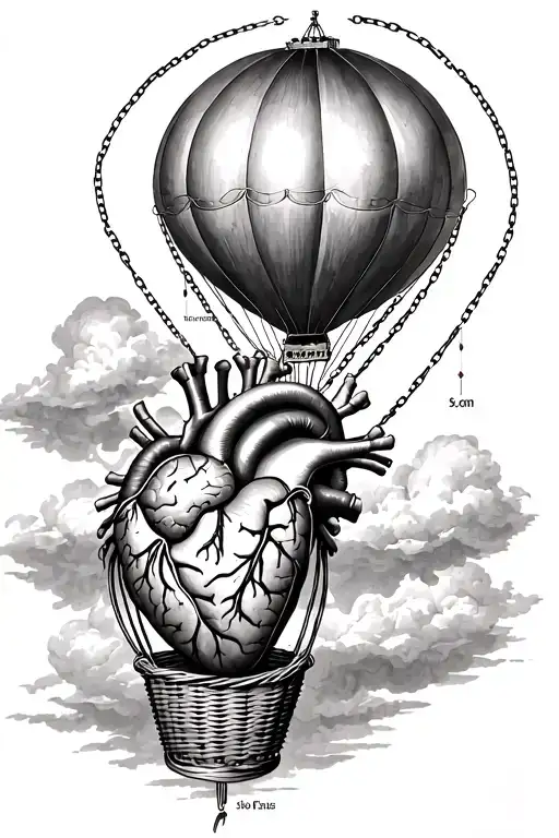 Hot air balloon with anatomic heart as the balloon and anatomic brain as the basket connected with chains tattoo design idea
