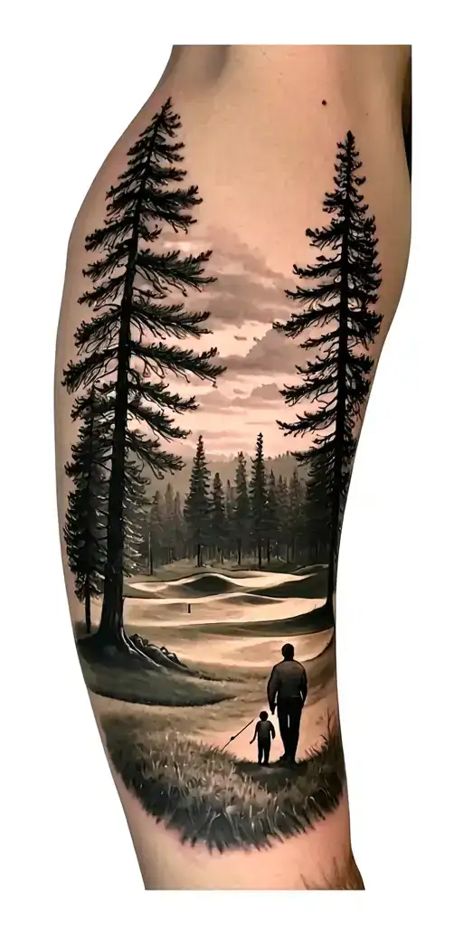 pine forest scene and family on golf course and ansel adams tattoo design idea