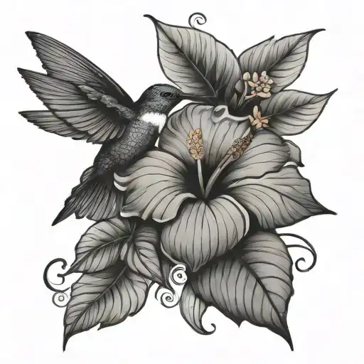 hibiscus flower large leaves/ vines with hummingbird  tattoo design idea