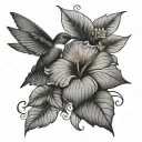 hibiscus flower large leaves/ vines with hummingbird  tattoo design idea