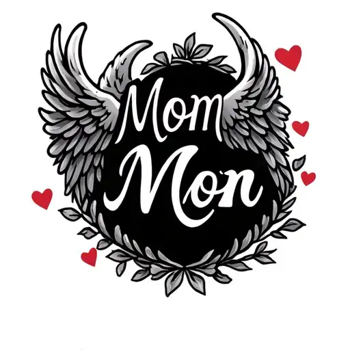 "Mom Mom" angel wings around name script font hearts tattoo design idea