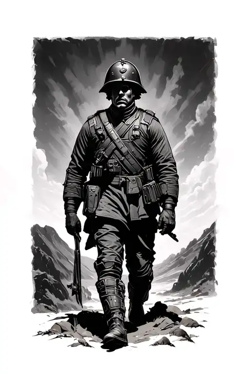 Black and white modern british soldier walking through the valley of the shadow of death tattoo design idea