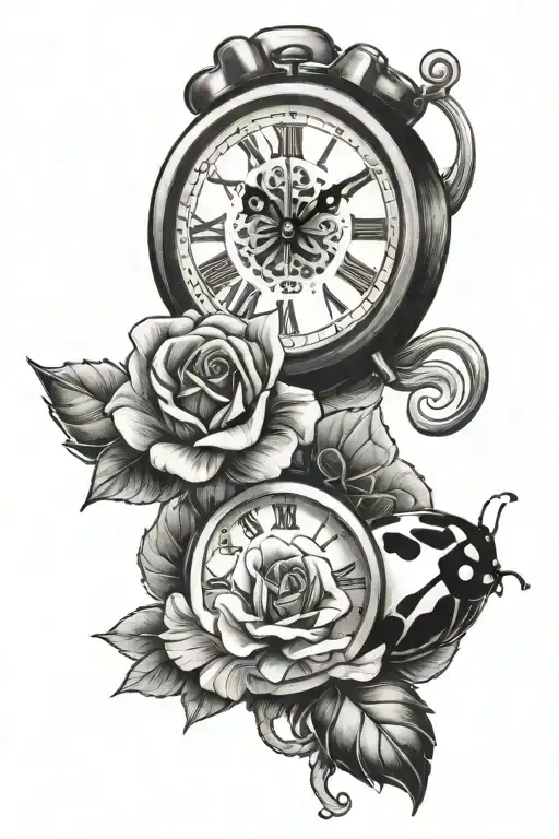 11/13/20, ladybug, rose, and clock tattoo design idea
