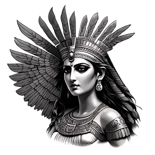 A bold, highly detailed black and grey tattoo design for the side-butt, hip, and thigh featuring Goddess Isis with outst tattoo design idea