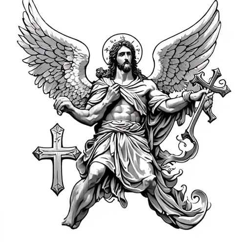 st michael warrior holding cross and a sore with angel wings tattoo design idea