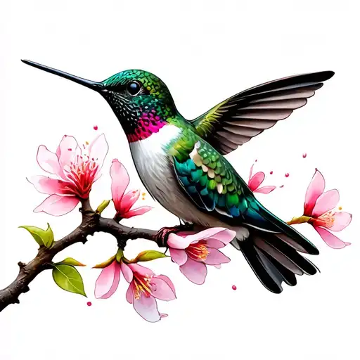 A hummingbird perched on a delicate cherry blossom branch tattoo design idea