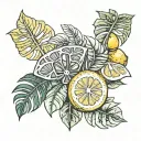 Fine Line realism tattoo linking Italy and Brazil, with Sicilian lemons and monstera deliciosa, minimalist tattoo design idea