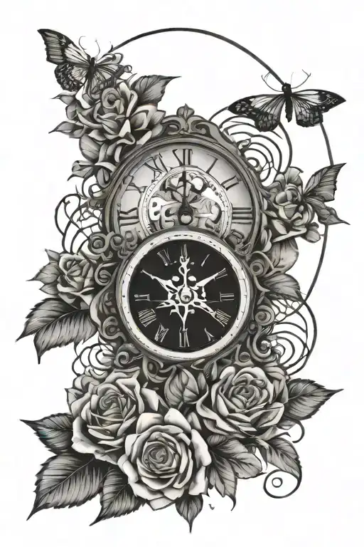 Spider web with a clock face in roman numerals and flowers growing around it with a persons eye tattoo design idea