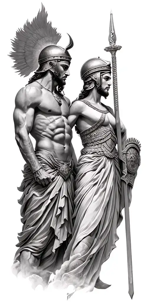 Hephaestus and Athena warrior with helmet tattoo design idea