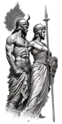 Hephaestus and Athena warrior with helmet tattoo design idea