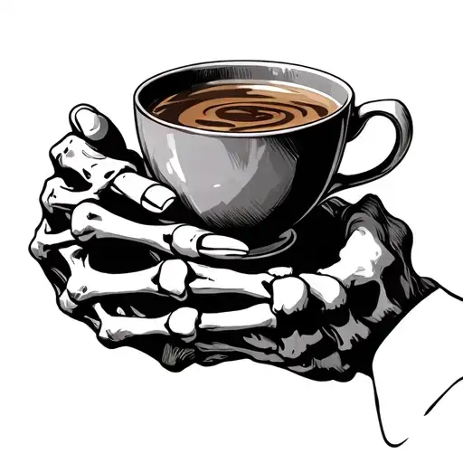 SKELETON HAND HOLDING A TEA CUP WITH TASSEOMANCY  tattoo design idea