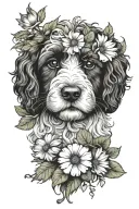 cavapoo face with morning glory and aster flower intertwined tattoo design idea