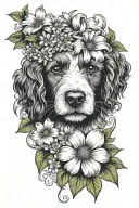 cavapoo face with morning glory and aster flower intertwined tattoo design idea