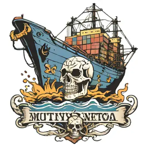 container ship with stacks of containers with only one skull below next to an anchor and text below that says Mutiny tattoo design idea