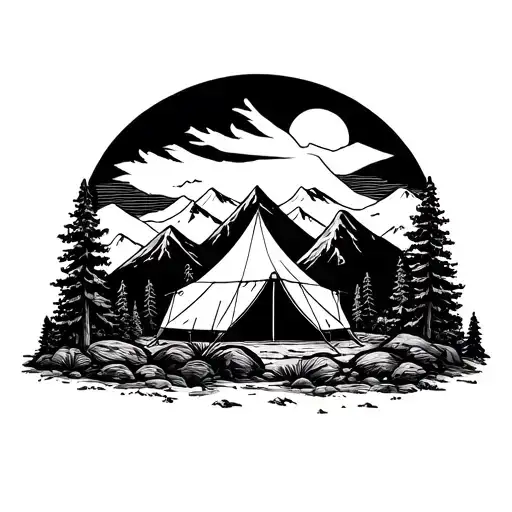 Blackwork circle topo map, bold center scene with tent + mountains for cover-up, clean contour lines. tattoo design idea