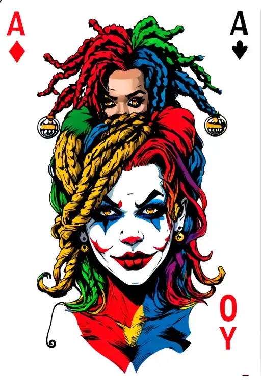 African American pin up Harley Quinn with dreadlocks busting through a joker card  tattoo design idea