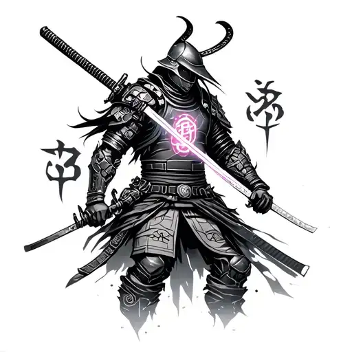 A tattoo futuristic samurai warrior tattoo, detailed with cybernetic armor, neon-lit kanji symbols, and a katana infused tattoo design idea