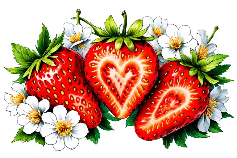 3 strawberries. The center strawberry is cut open revealing a heart center. The strawberries are surrounded by blossoms tattoo design idea