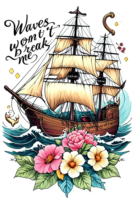 waves, ship, anchor, flowers, wine, "waves won't break me" Mother tattoo design idea