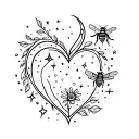 fine line celestial heart, with stars, moon, bee, music note and a flower tattoo design idea