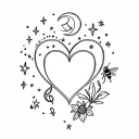 fine line celestial heart, with stars, moon, bee, music note and a flower tattoo design idea