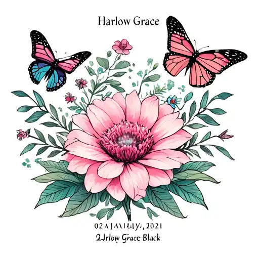 Add the name and date Harlow Grace Black, 02/01/2021, and the flower for January with butterflies and fairies tattoo design idea