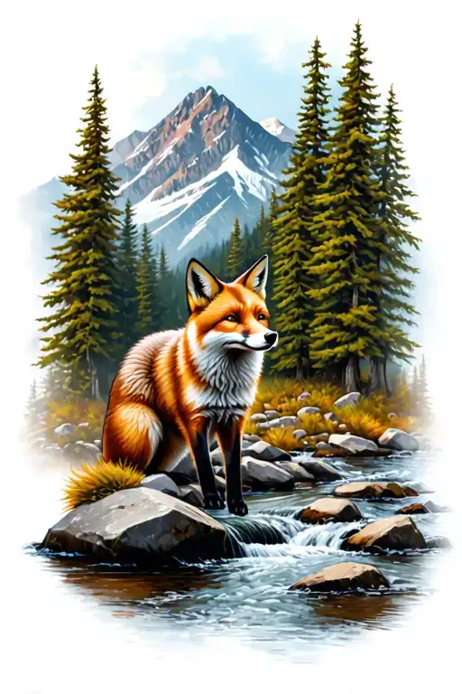 Fox side angle, mountain Stream with Rocks with Pinetrees tattoo design idea