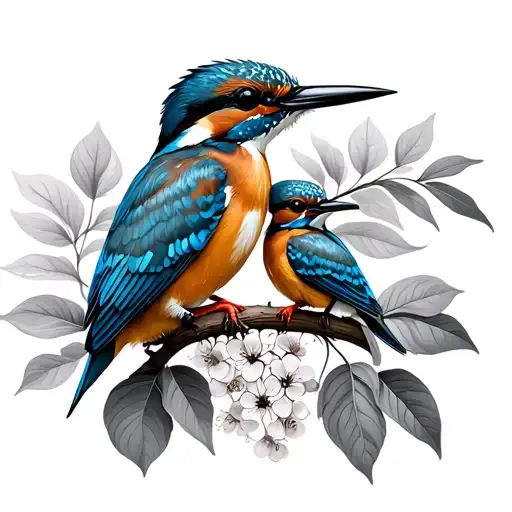 Kingfisher with baby kingfisher and pohutukawa tattoo design idea