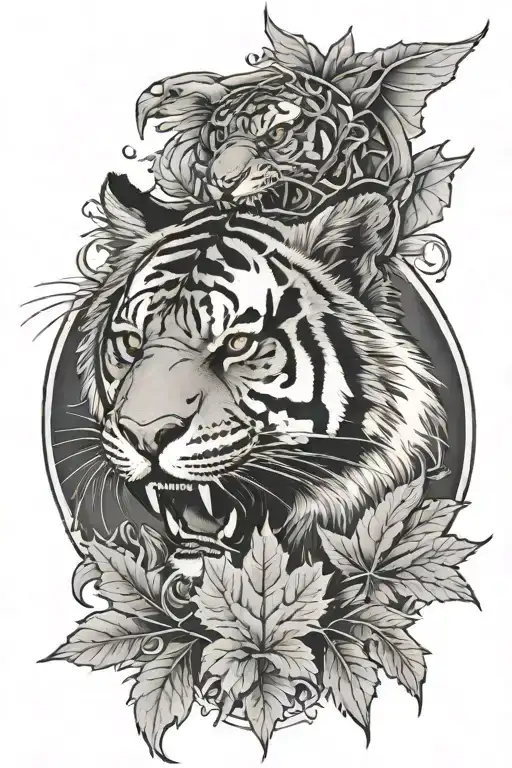 tiger head, eagle, maple leafs tattoo design idea