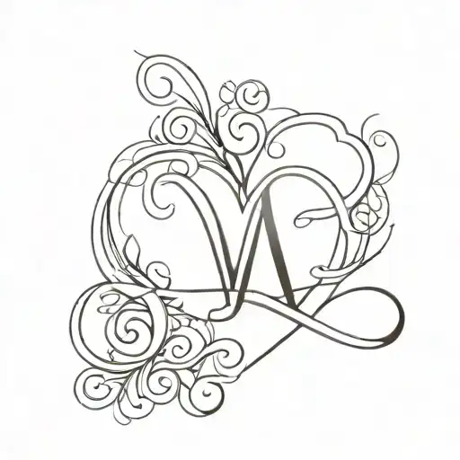 heart with infinity and letter M letter tattoo design idea