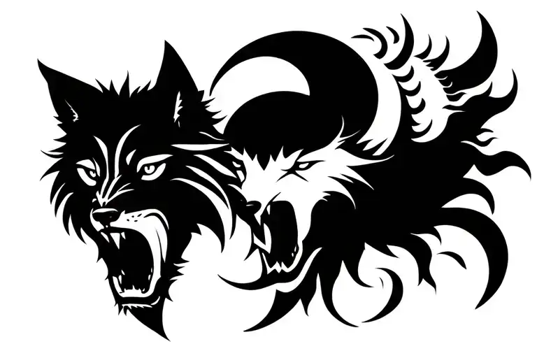 1 black wolf growling head facing to the left. 1 white growling head facing to the right. The sun and moon joined togeth tattoo design idea