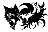 1 black wolf growling head facing to the left. 1 white growling head facing to the right. The sun and moon joined togeth tattoo design idea