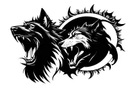 1 black wolf growling head facing to the left. 1 white growling head facing to the right. The sun and moon joined togeth tattoo design idea