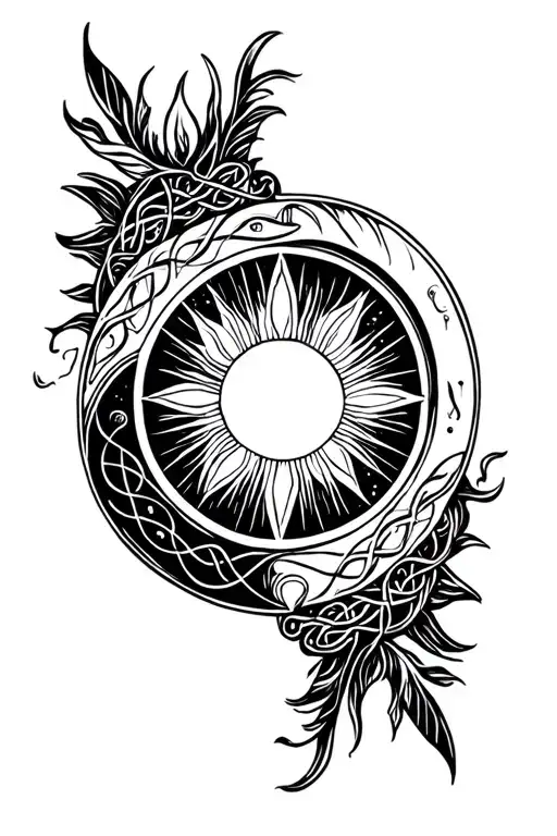 celtic, cosmic, ethereal , asymmetric, moon and sun tattoo design idea