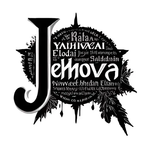 The word “Jehova” in big letters with God names in different languages (Yahweh, Rafa, Elohim, Shaddai) filled in tattoo design idea