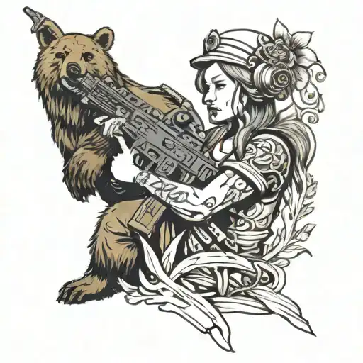 Slavic girl in kokoshnik with a machine gun in her hands on a bear in old school style tattoo design idea