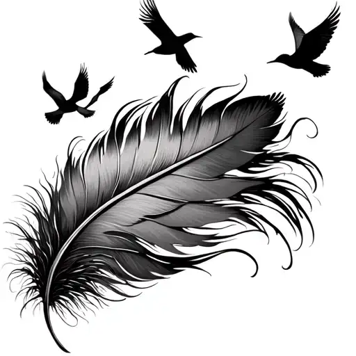 feather tattoo with birds flying from top of it and a tree behind it tattoo design idea